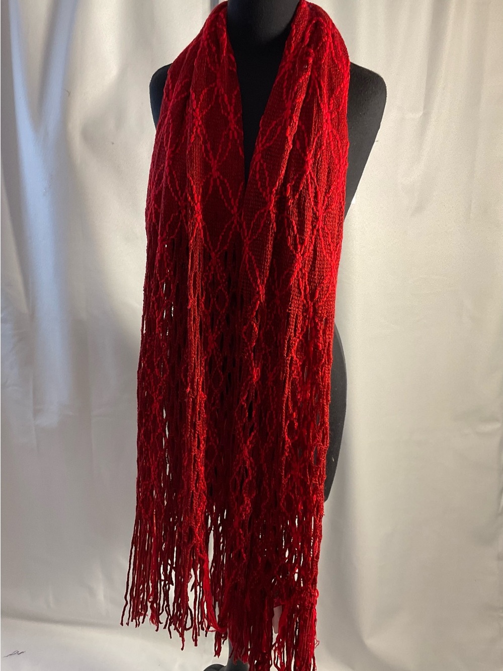 Classic Red Open-Knit Fringe Scarf for Women